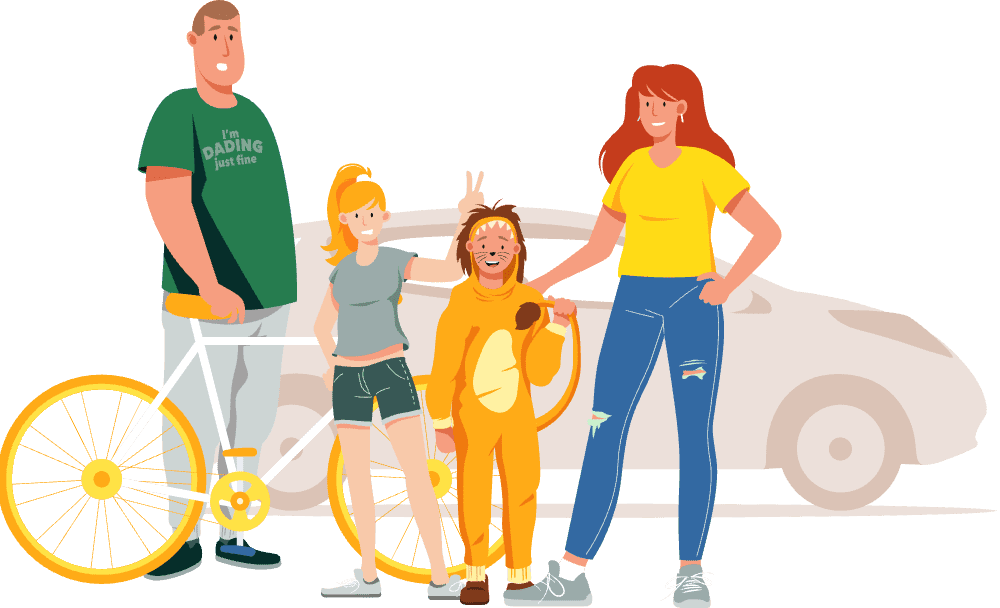 Illustrasjon av familie med bil og sykkel
