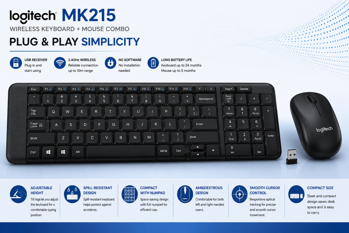 Logitech MK215 Wireless Keyboard & Mouse Combo – 2.4GHz Wireless, Compact Keyboard, 10m Range – Black — photo 3
