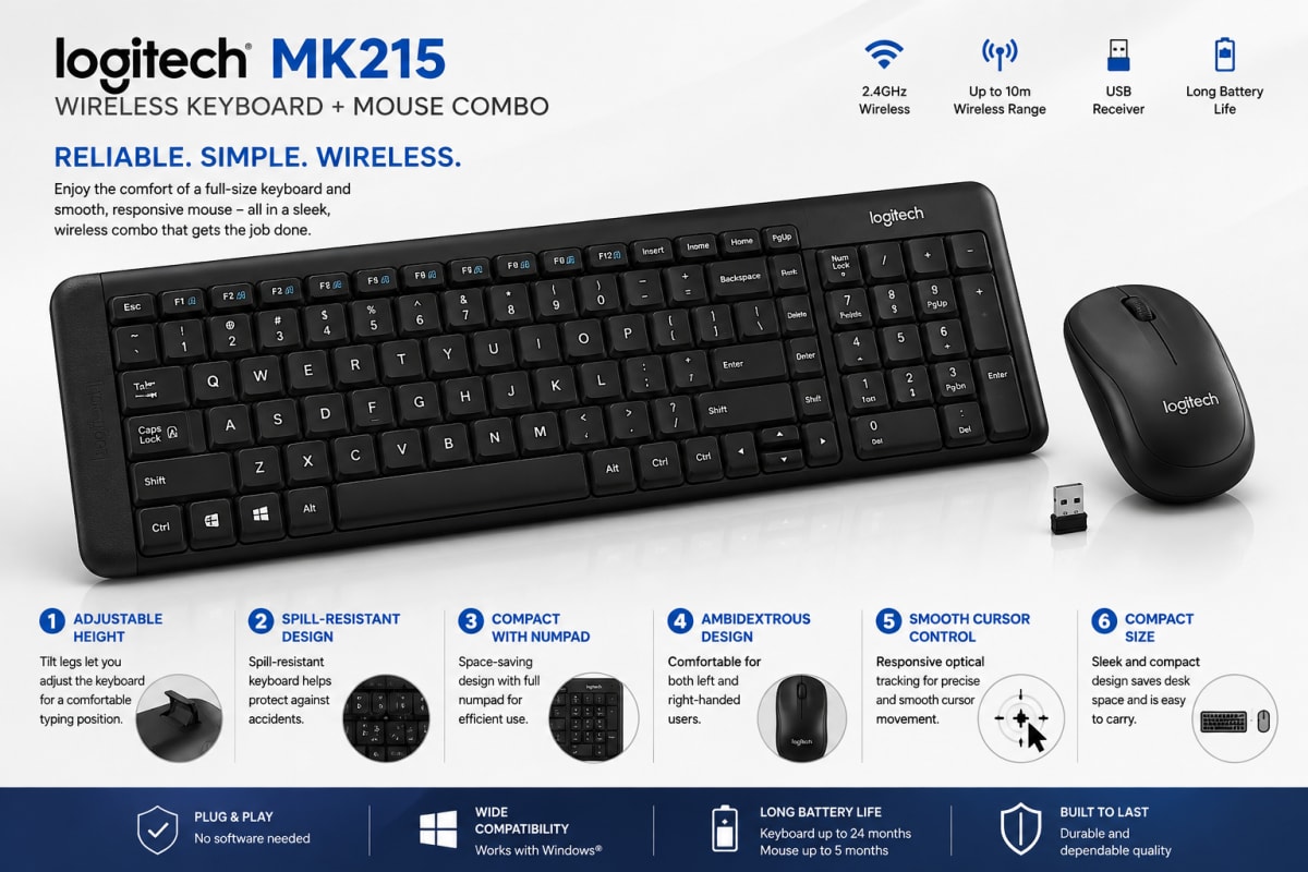 Logitech MK215 Wireless Keyboard & Mouse Combo – 2.4GHz Wireless, Compact Keyboard, 10m Range – Black — photo 5