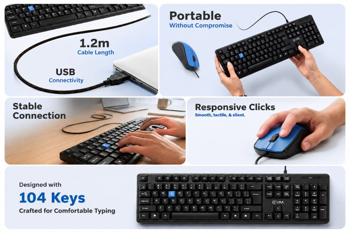 EVM WDKM-513 Wired Keyboard & Mouse Combo – 104 Keys | 1000 DPI — photo 3
