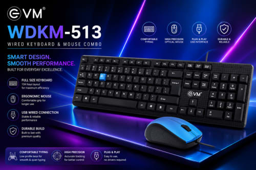 EVM WDKM-513 Wired Keyboard & Mouse Combo – 104 Keys | 1000 DPI