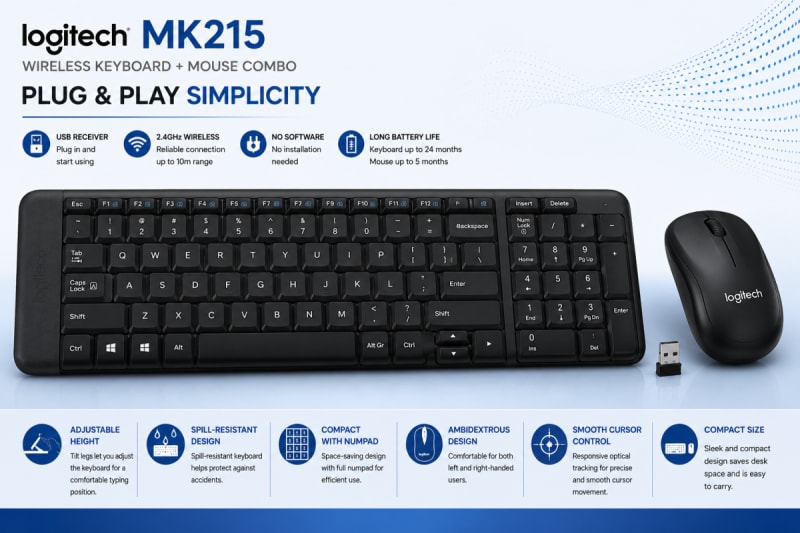 Logitech MK215 Wireless Keyboard & Mouse Combo – 2.4GHz Wireless, Compact Keyboard, 10m Range – Black — photo 3