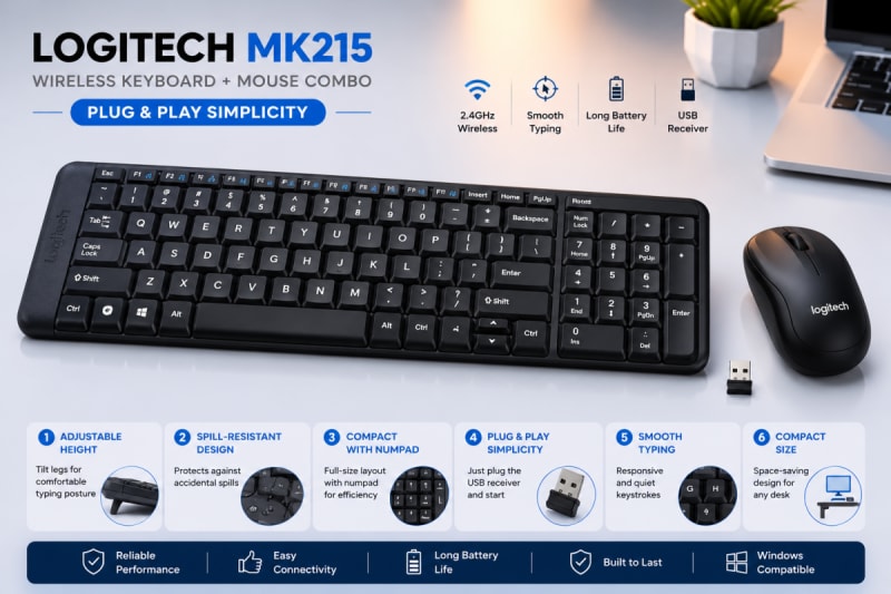 Logitech MK215 Wireless Keyboard & Mouse Combo – 2.4GHz Wireless, Compact Keyboard, 10m Range – Black — photo 4
