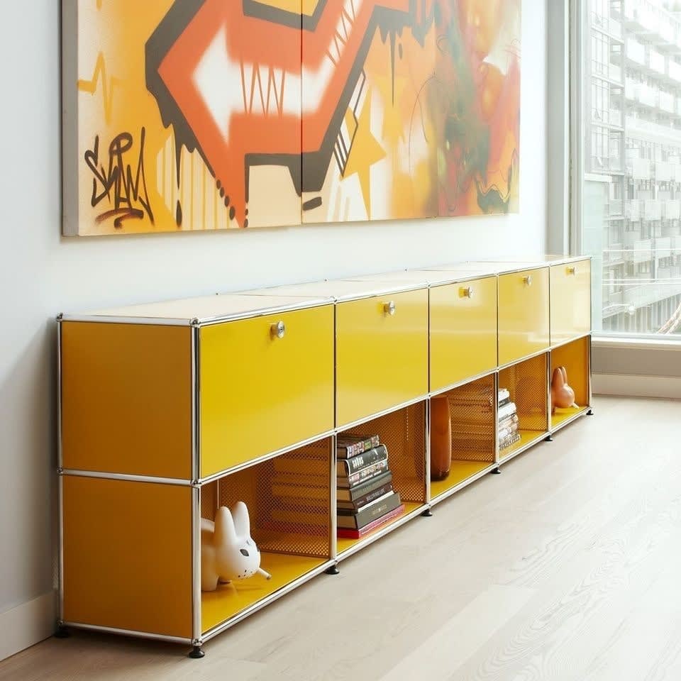USM HALLER Cabinet Medium, O3xOC MEDIUM, Metal, Yellow, Drop-down