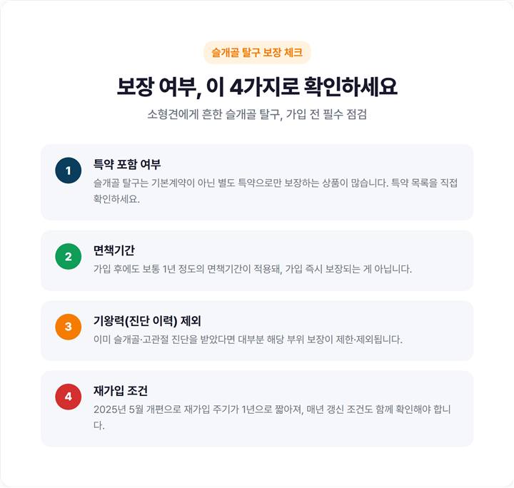 슬개골 탈구 보장 여부 확인 4단계 체크리스트 - 특약 포함여부, 면책기간, 기왕력 제외, 재가입 조건