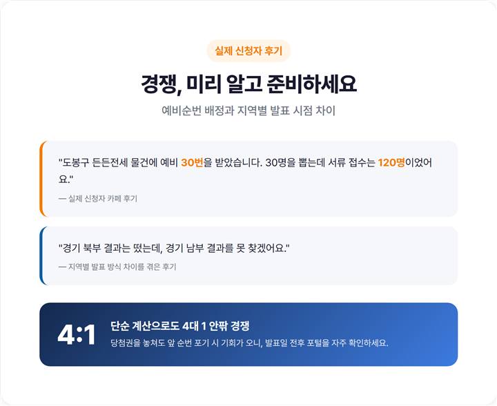 든든전세 실제 신청 후기 캡처 콘셉트 이미지 — 예비순번 배정, 지역별 결과 발표 시점 차이 등 신청자들이 겪는 현실적 상황을 담은 카드뉴스형