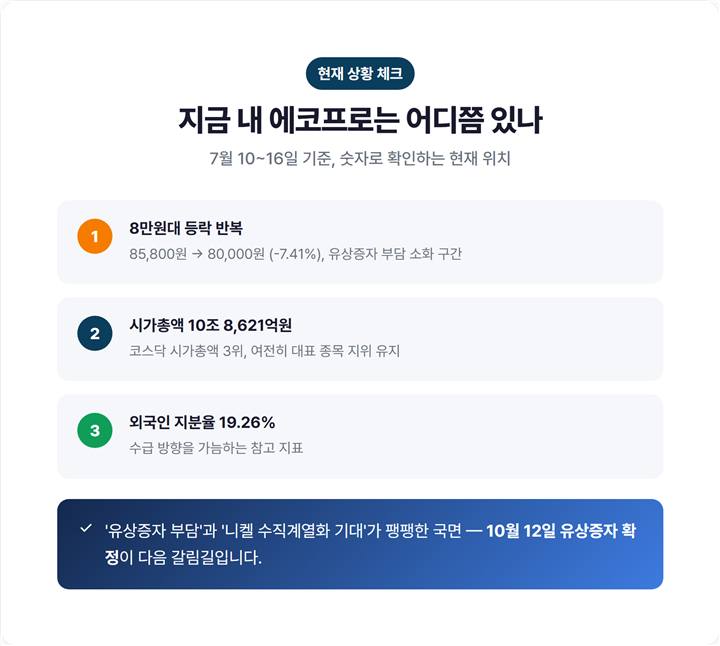 에코프로 7월 중순 8만원대 등락(85,800→80,000원)·시총 10조8,621억원(코스닥 3위)·외국인 지분 19.26% 현황 요약