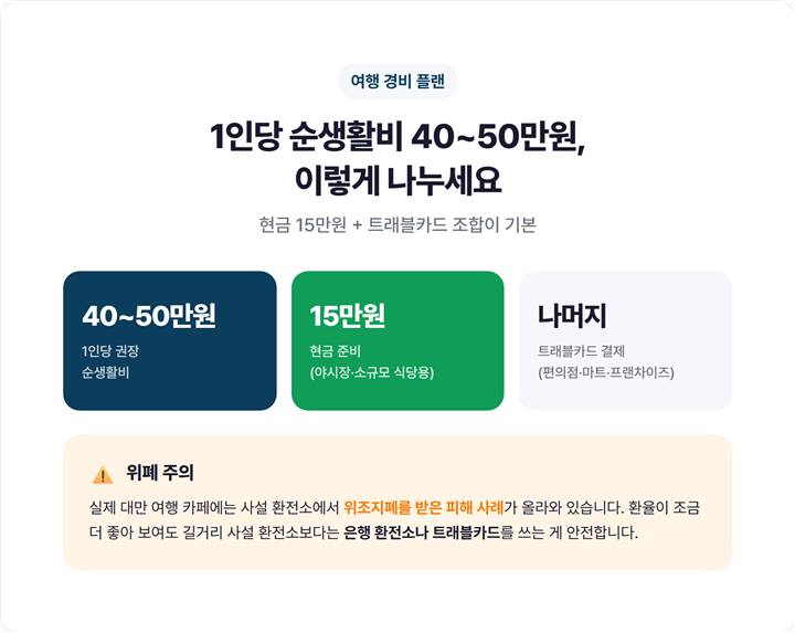 대만 여행 경비 배분 예시 — 1인당 순생활비 40~50만원, 현금 15만원 + 트래블카드 구성