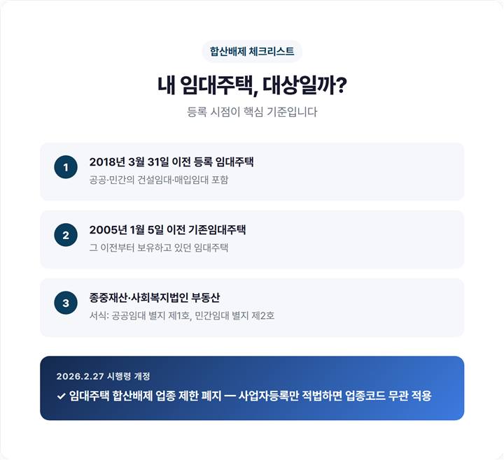 임대주택 합산배제 요건 체크리스트 - 2018년 3월 31일 이전 등록 임대주택, 2005년 1월 5일 이전 기존임대주택 등 대상별 기준일을 정리한 요약 이미지