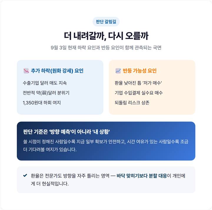 원달러 환율 추가 하락 요인과 반등 요인 맞대결 표 — 달러 약세·수출기업 매도 vs 저가 매수·수입결제 실수요