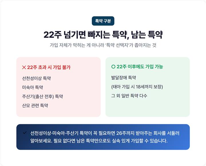 22주 초과 시 가입 불가 특약(선천성이상·미숙아·주산기·산모)과 유지 가능 특약 구분도