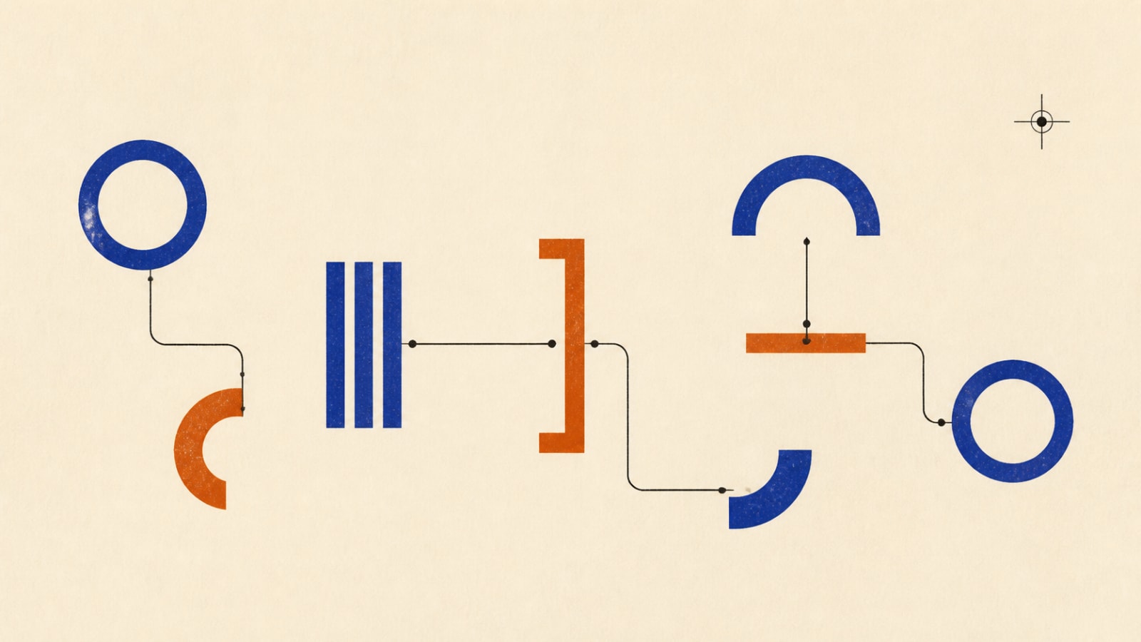Abstract cobalt-blue and burnt-orange modular shapes connect across a cream field, suggesting portable shared narrative context.