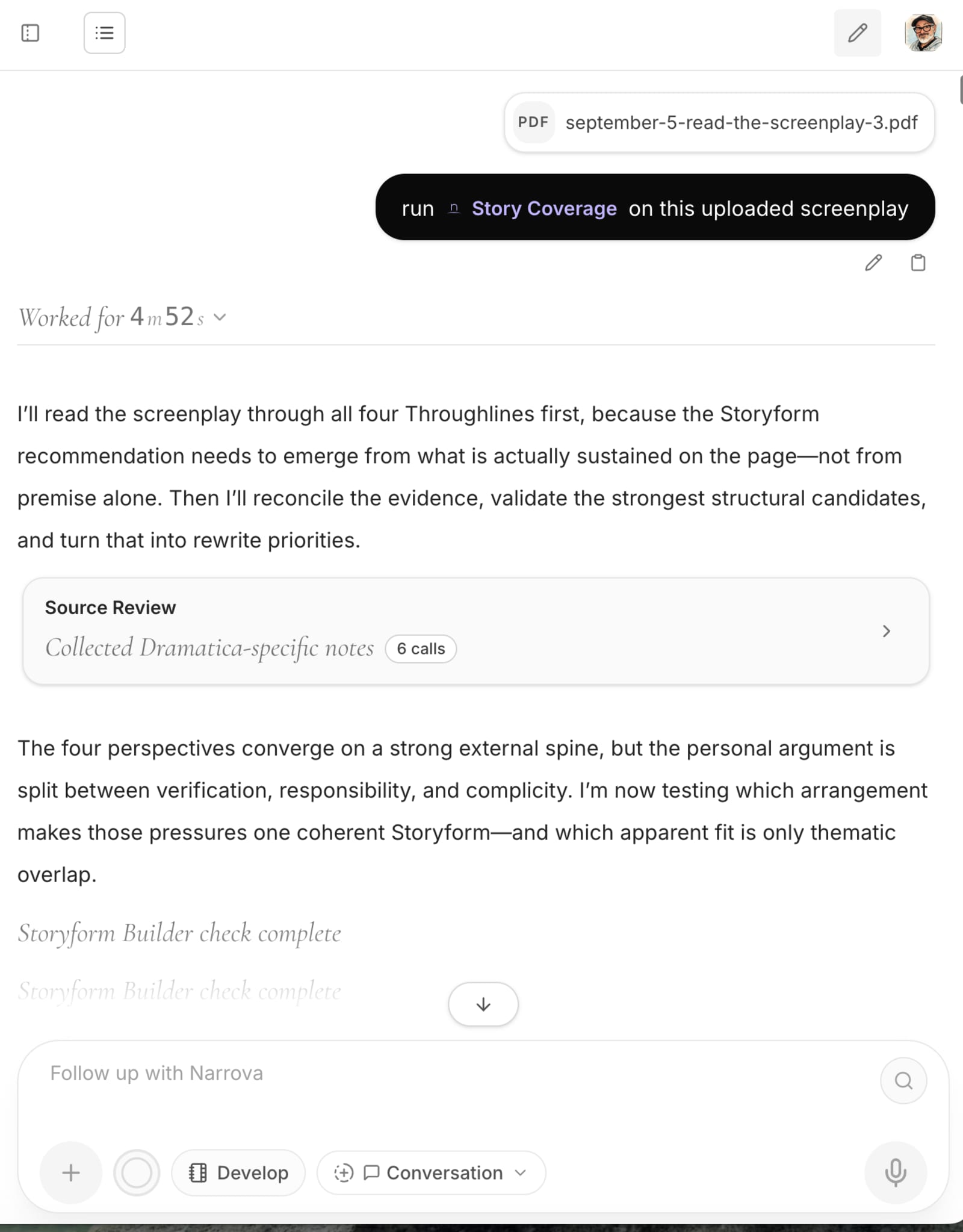 Narrova begins the September 5 coverage by reading the screenplay through all Four Throughlines before testing Storyform candidates.