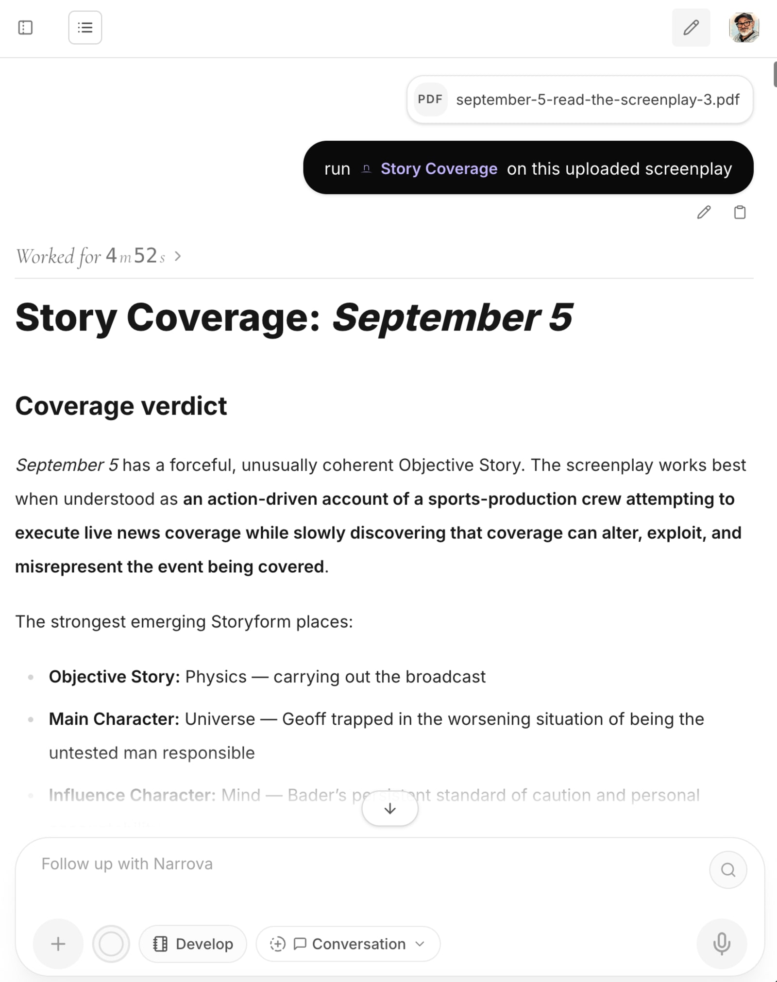 Narrova presents the final September 5 coverage verdict and the strongest emerging Storyform after validating the candidate arrangement.
