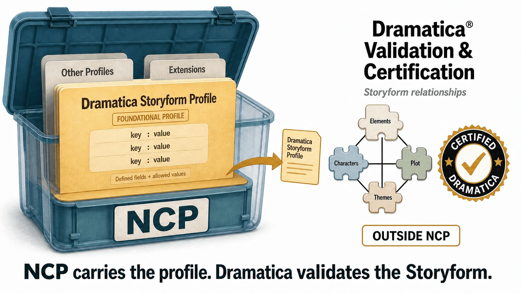 NCP container holding the foundational Dramatica Storyform Profile, other profiles, and extensions, with Dramatica validation and certification outside NCP