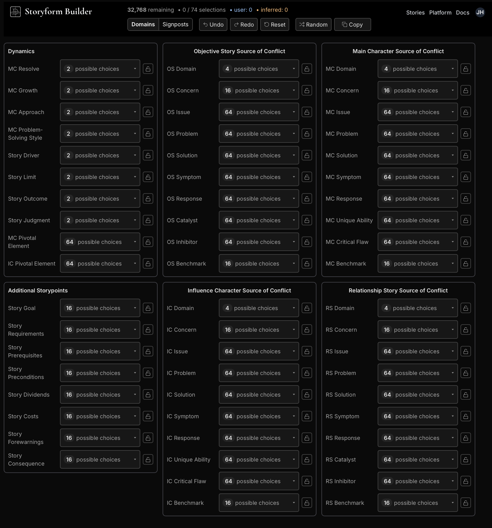 Storyform Builder interface showing dynamic narrative selections