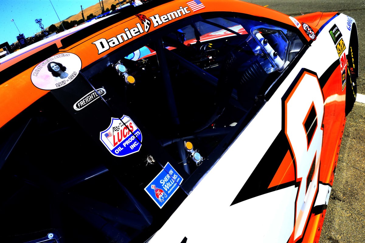 Daniel Hemric&apos;s No. 8 Poppy Bank Camaro ZL1 rolls through the garage during final practice.