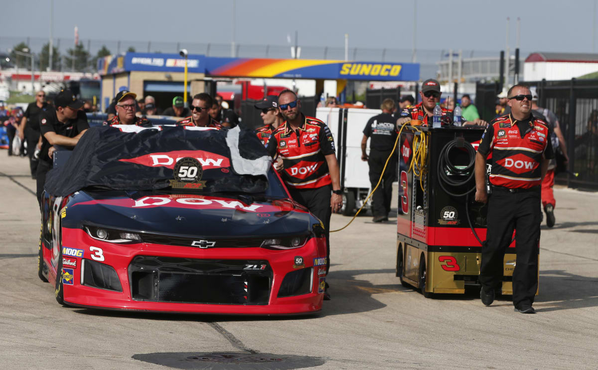 The No. 3 Dow Chevrolet Rolls out to the track with the RCR 50th Anniversary logo front and center for final practice.