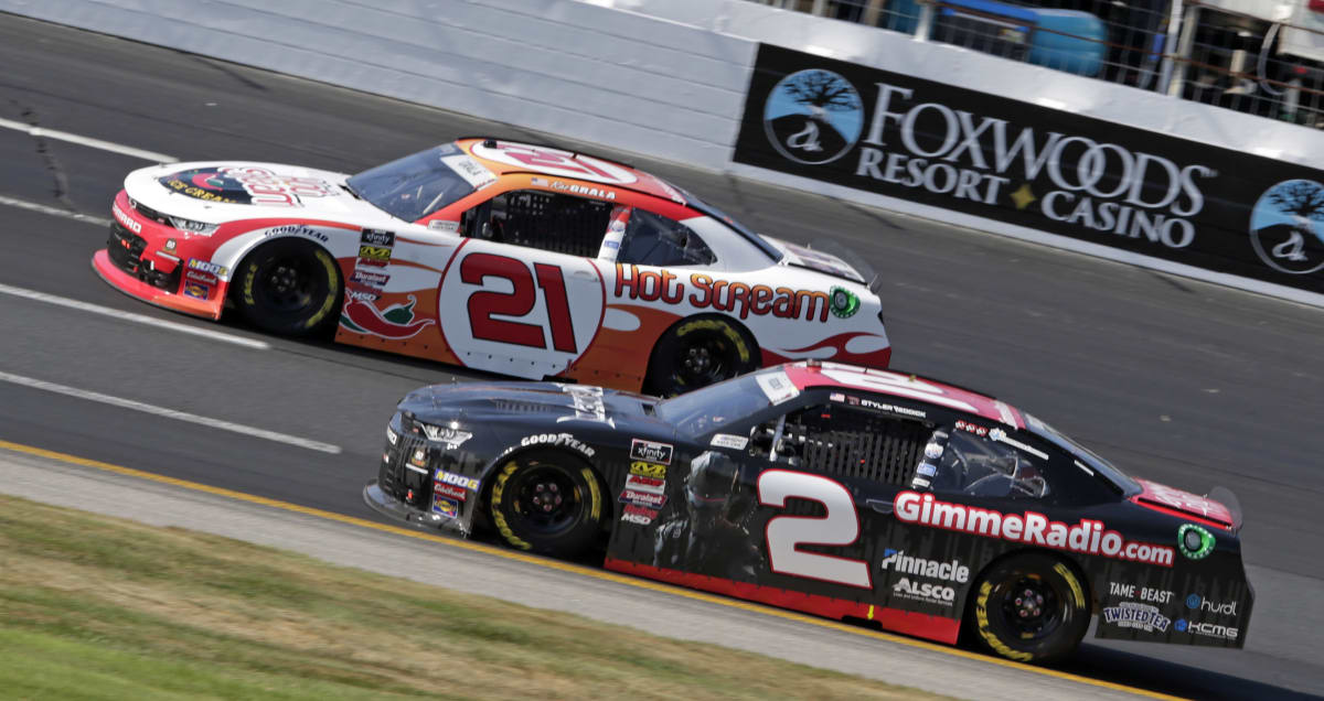 Teammates Kaz Grala (No. 21 Hotscream Chevrolet) and Tyler Reddick (No. 2 Gimme Radio Chevrolet) are neck-and-neck at Saturday&apos;s race.