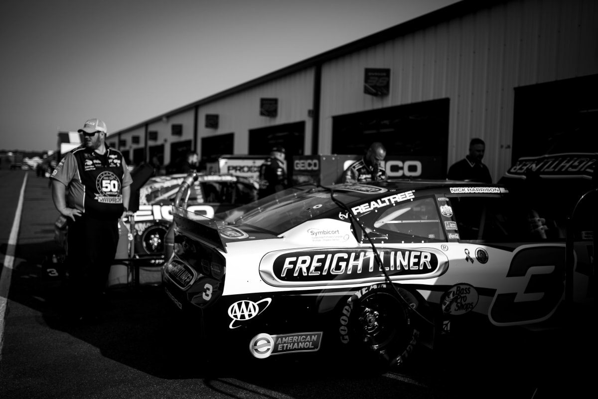 The No. 3 Freightliner Camaro ZL1 heads into the garage for some adjustments in between practice runs.