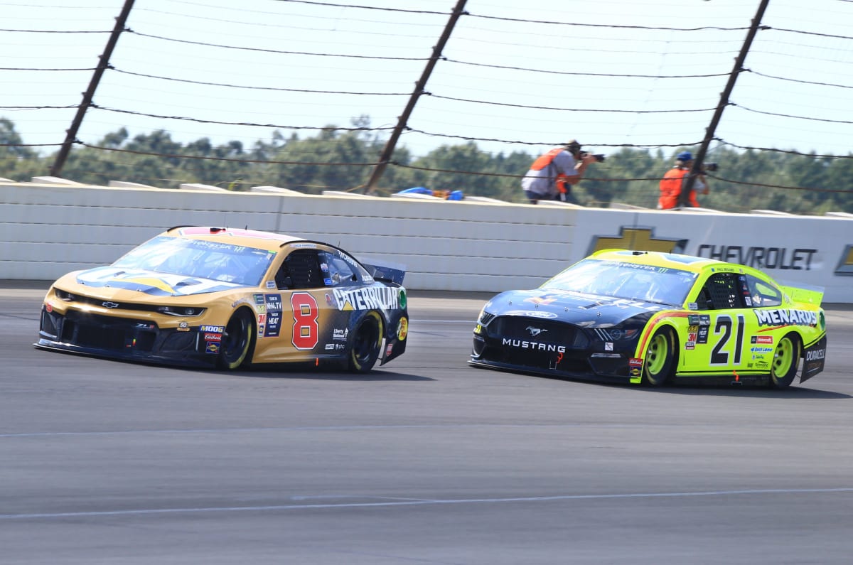 Daniel Hemric takes a spot from the No. 21 on the track.