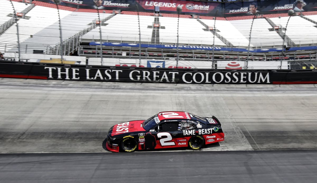 Tyler Reddick's No. 2 Tame the Beast Chevrolet hugs the bottom groove during practice on Thursday at Bristol Motor Speedway.