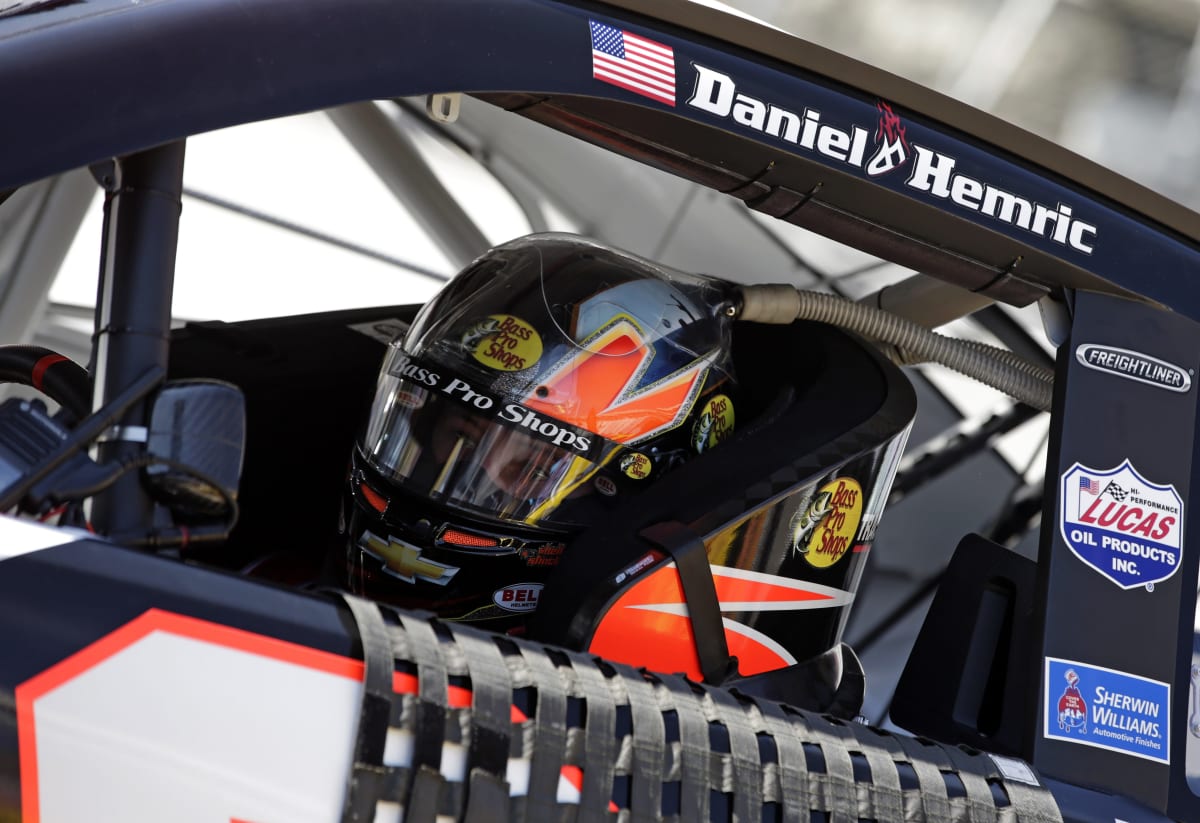 Daniel Hemric sits inside his No. 8 Bass Pro Shops/Tracker Boats Chevrolet during final practice at Bristol Motor Speedway.