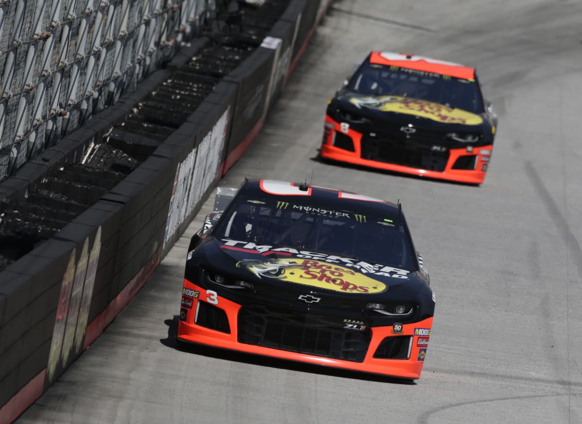 Austin Dillon and Daniel Hemric race their Bass Pro Shops-sponsored Chevrolets during practice on Friday at Bristol Motor Speedway.