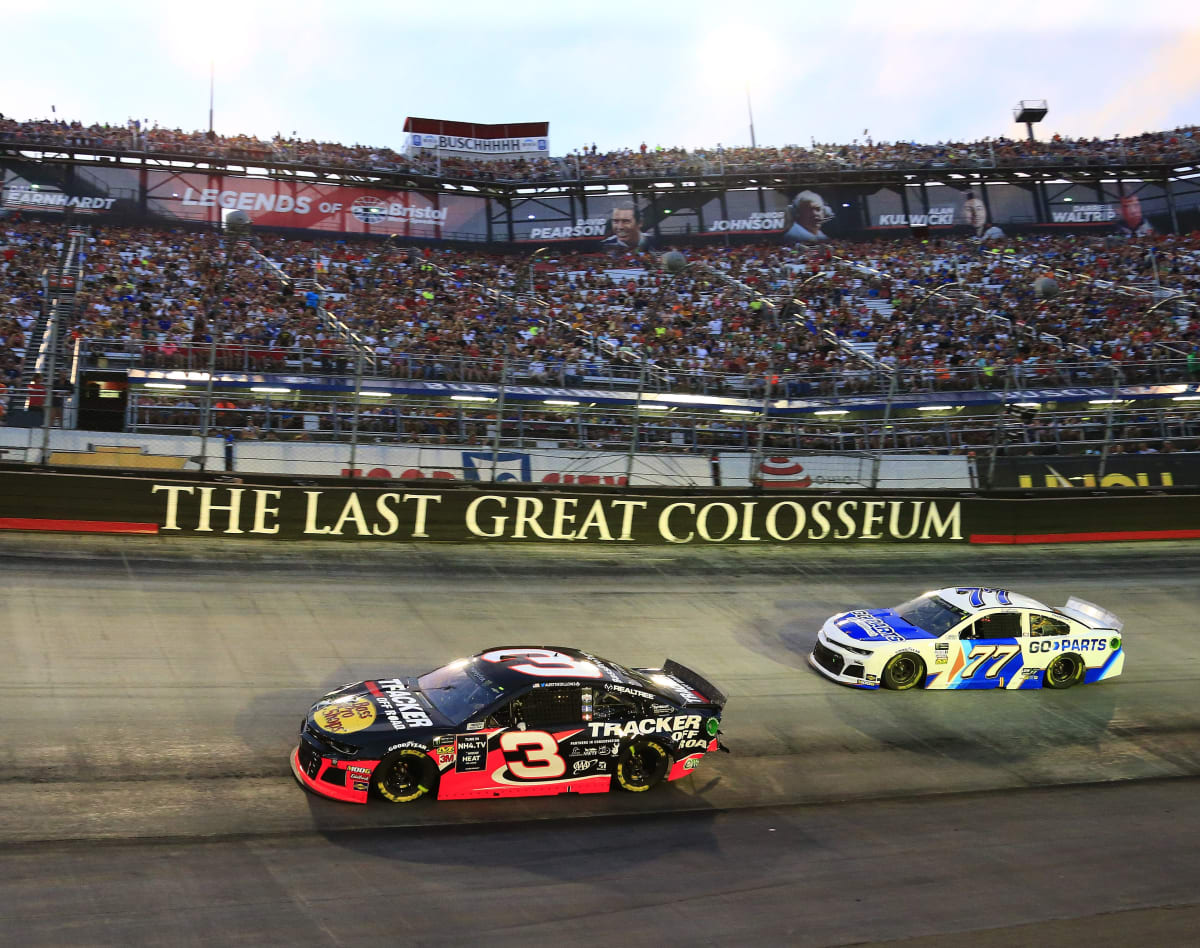 Austin Dillon hugs the bottom groove in the No. 3 Bass Pro Shops/Tracker Off Road Chevrolet during Saturday night's Bass Pro Shops Night Race at Bristol Motor Speedway.