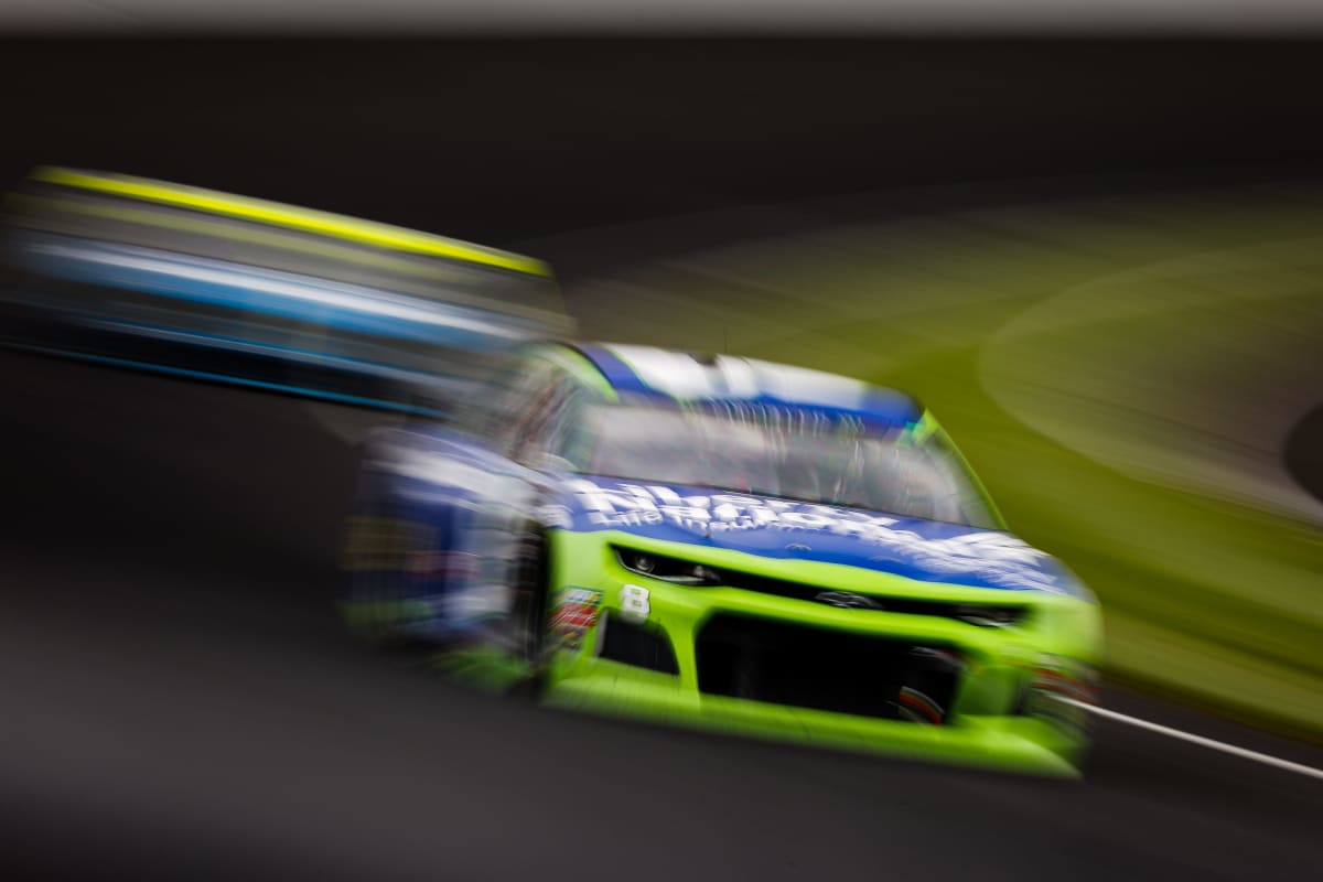 Daniel Hemric's No. 8 Liberty National Chevrolet races around the corner during Sunday's Brickyard 400 at Indianapolis Motor Speedway. (HHP/Barry Cantrell)