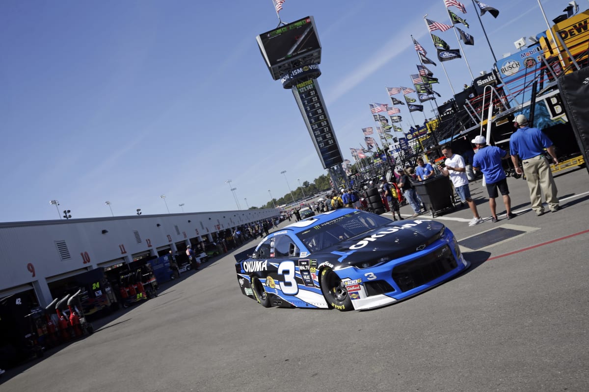 Austin Dillon's No. 3 Okuma Chevrolet rolls through the Richmond Raceway garage during practice.