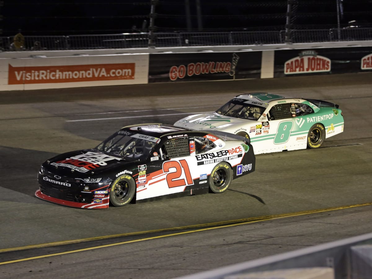 Joe Graf Jr.'s No. 21 Eat Sleep Race Chevrolet races to the inside of another car during Friday night's NASCAR Xfinity Series race at Richmond Raceway.