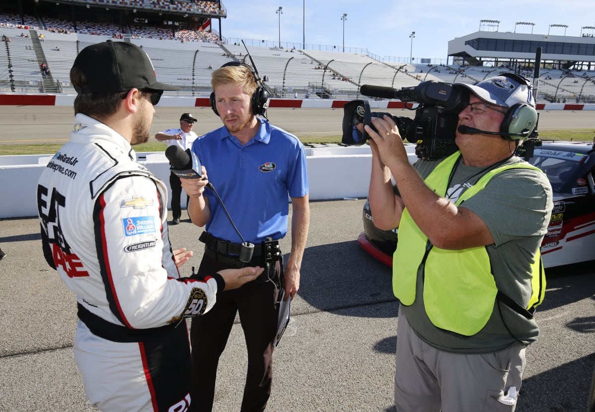 Joe Graf Jr. taks with NBC Sports during practice Friday at Richmond Raceway.