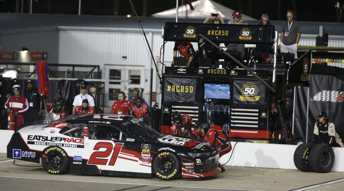 The RCR pit crew works on the left side of Joe Graf Jr.'s No. 21 Eat Sleep Race Chevrolet during Friday's NASCAR Xfinity Series race at Richmond Raceway.