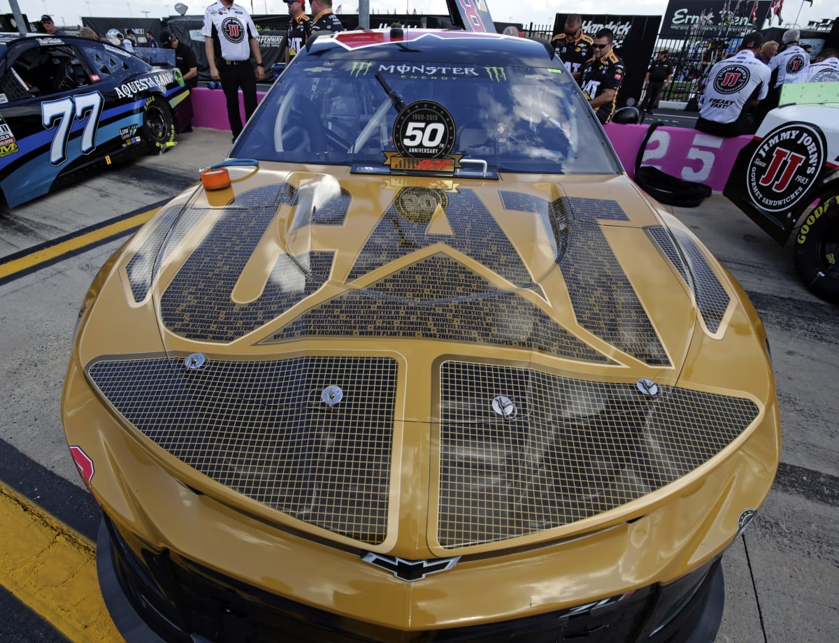 The hood of the Daniel Hemric's No. 8 Chevrolet featured over 300 names of Caterpillar customers and dealers that helped develop the new Next Gen Excavators, including the 306 that was unveiled earlier in the week.