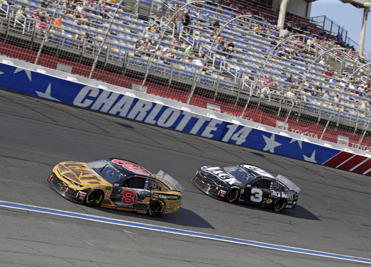 Daniel Hemric's No. 8 Caterpillar Next Gen Excavators Chevrolet races ahead of Austin Dillon's No. 3 Jack Daniel's Chevrolet during practice at the Roval.