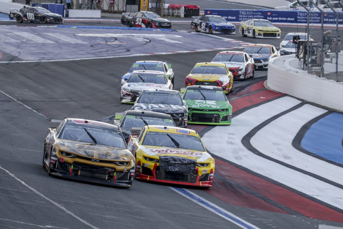 Daniel Hemric's No. 8 Caterpillar Next Gen Excavators Chevrolet leads a pack of cars off the backstretch chicane during Sunday's race at the Roval.