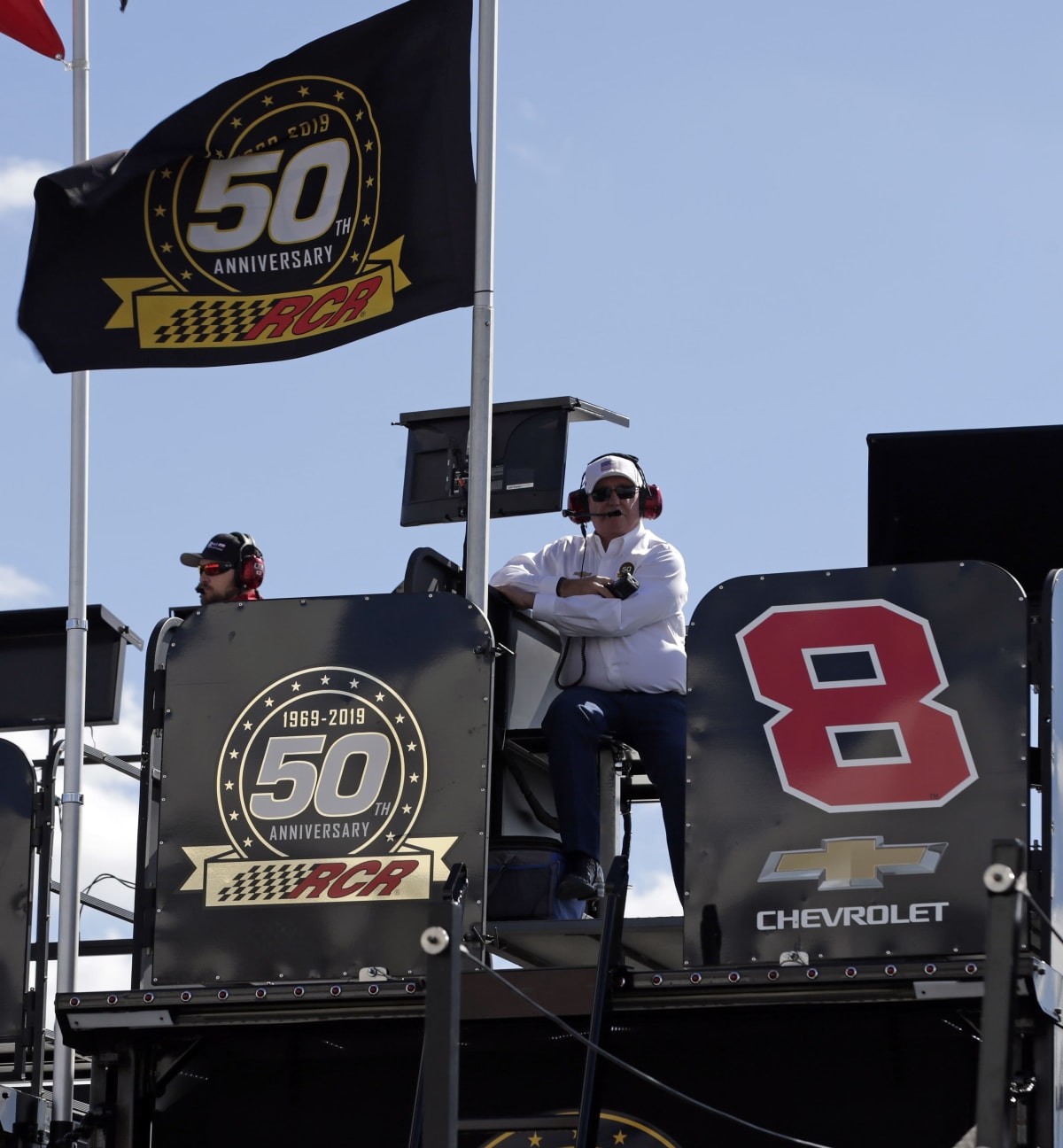 Team owner Richard Childress sits atop the No. 8 hauler to keep a close eye on Cup Series practice at Dover.