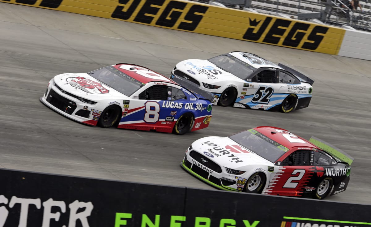 Daniel Hemric's No. 
8 Lucas Oil Chevrolet makes moves in the middle groove off Turn 4 during Sunday's Cup Series race at Dover.