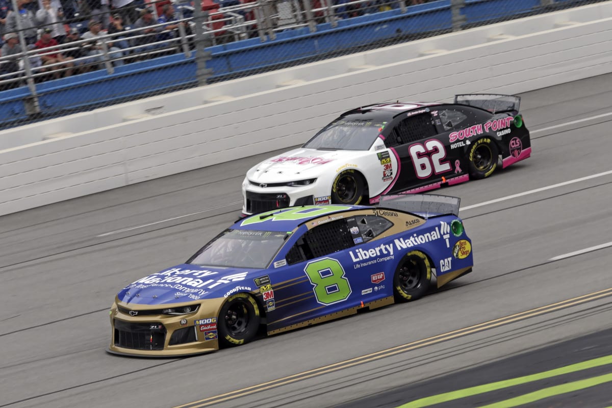 Daniel Hemric's No. 8 Liberty National/RCR 50th Chevrolet works to the inside of Brendan Gaughan's No. 62 Chevrolet during Monday's conclusion of the race at Talladega Superspeedway.