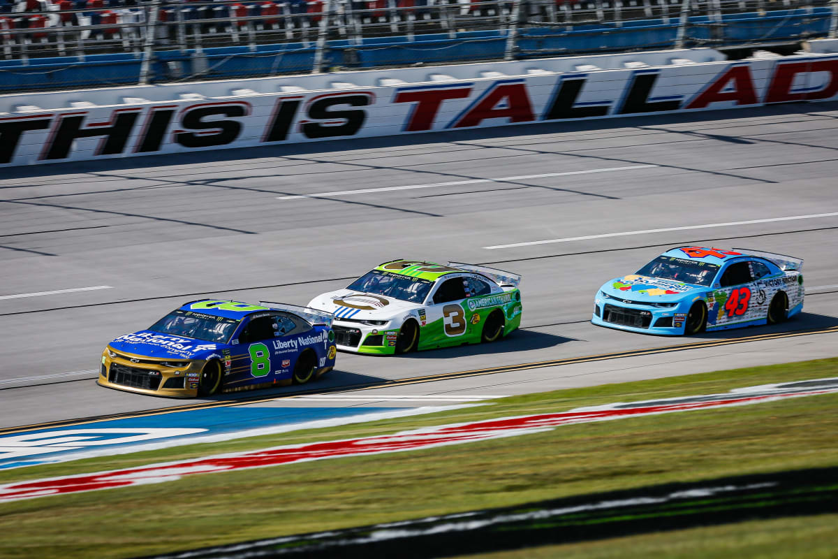 ECR Engines teammates Daniel Hemric, Austin Dillon and Bubba Wallace work together in the draft during Friday's opening practice session at Talladega Superspeedway.