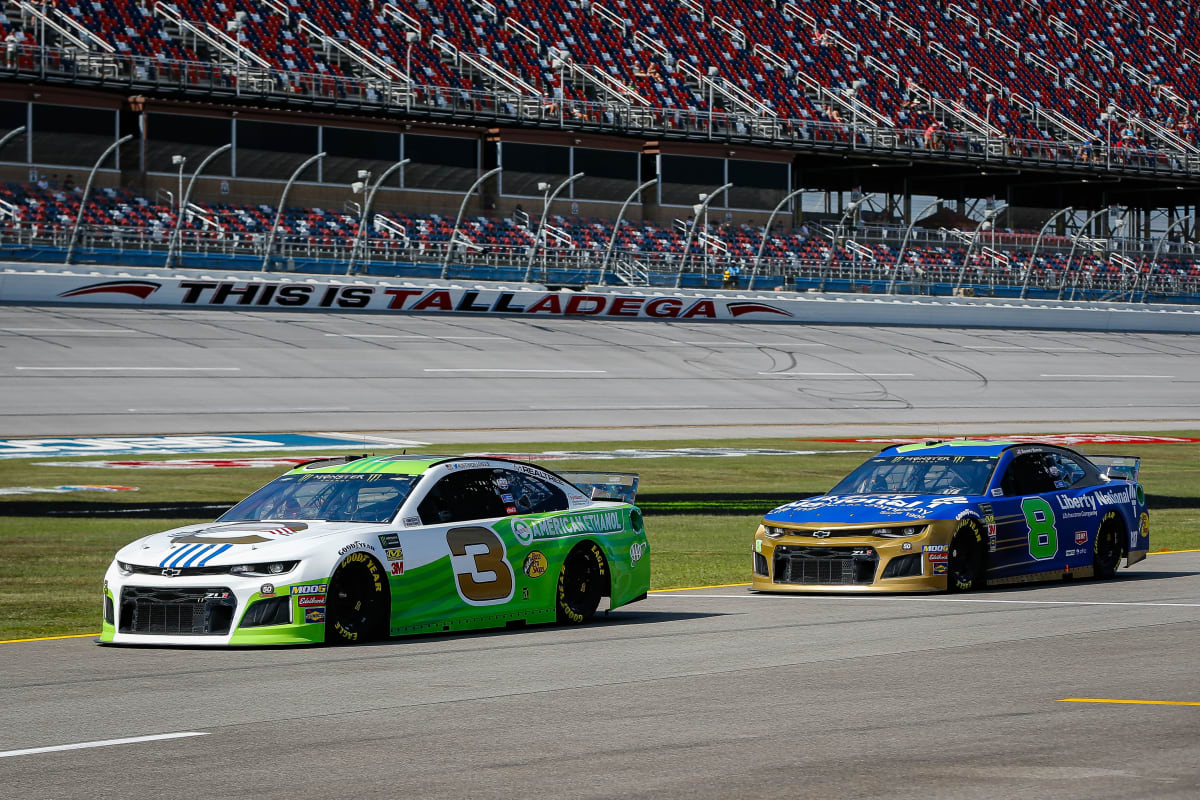 Austin Dillon's No. 3 American Ethanol/RCR 50th Chevrolet and Daniel Hemric's No. 8 Liberty National/RCR 50th Chevrolet wait to go out together during Friday's opening practice at Talladega Superspeedway.