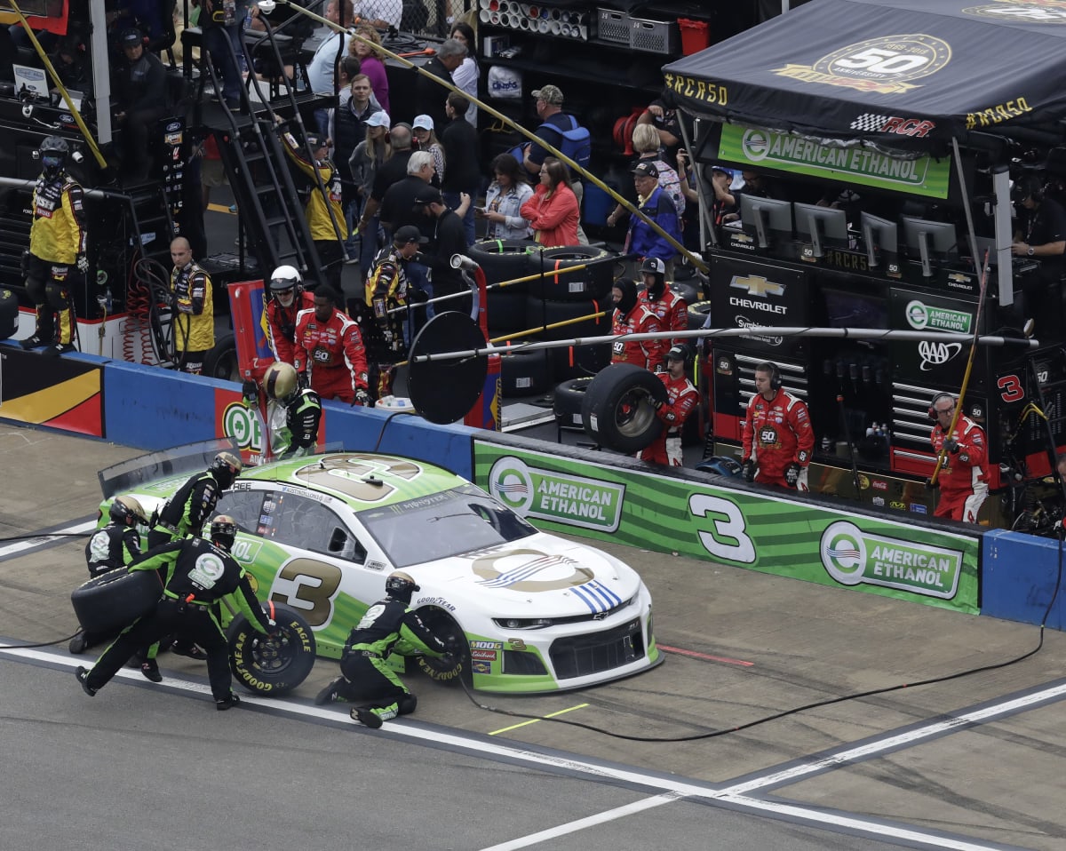 Austin Dillon's No. 3 American Ethanol/RCR 50th Chevrolet hits pit road for service during one of the caution periods on Monday at Talladega Superspeedway.