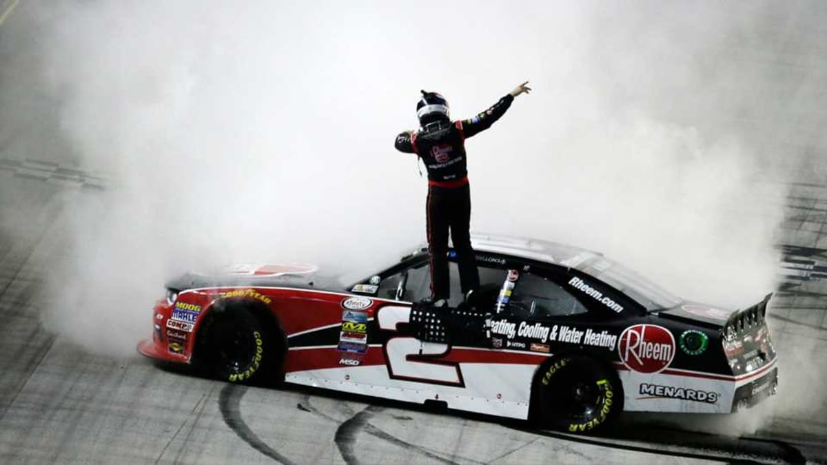 Dab on em'! Austin Dillon celebrates victory at Bristol Motor Speedway.