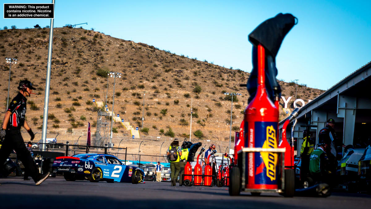 Tyler Reddick brings the No. 2 Chevrolet back into the garage after a practice run on Friday at ISM Raceway.