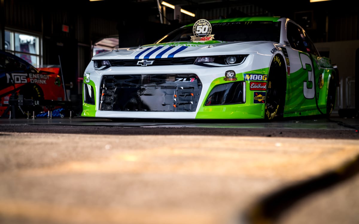 The No. 3 American Ethanol Chevrolet sits in the garage prior to Sunday morning's NASCAR Cup Series race at ISM Raceway.