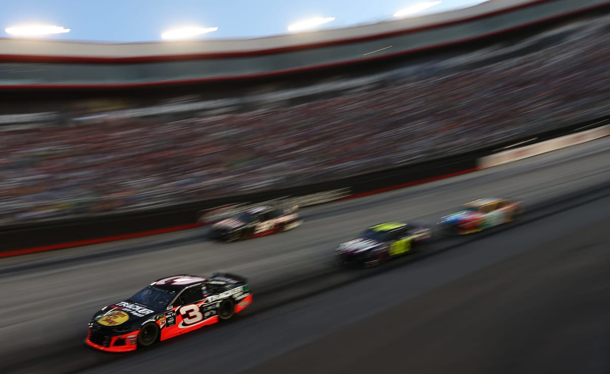 Austin Dillon's No. 3 Bass Pro Shops/Tracker Off Road Chevrolet races around the bottom groove, just before a flat tire sent him into the outside wall. (Photo by Brian Lawdermilk/Getty Images)