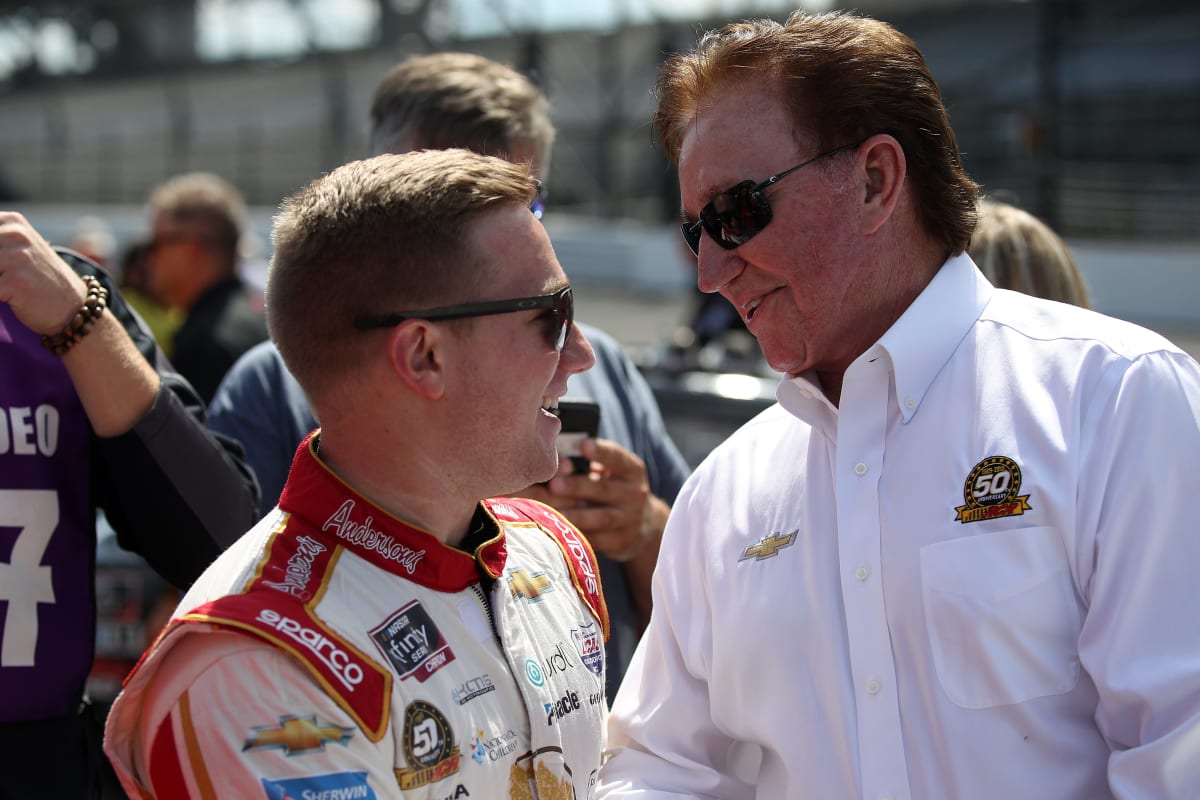 Tyler Reddick and team owner Richard Childress share a moment prior to Saturday's NASCAR Xfinity Series race at Indianapolis Motor Speedway.
