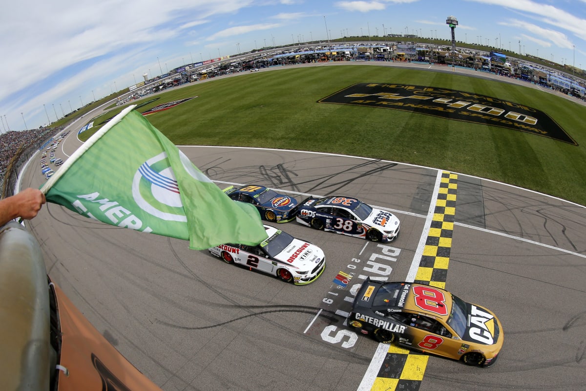 Daniel Hemric's No. 8 Caterpillar Chevrolet leads the field to the initial green flag to start Sunday's NASCAR Cup Series race at Kansas Speedway.