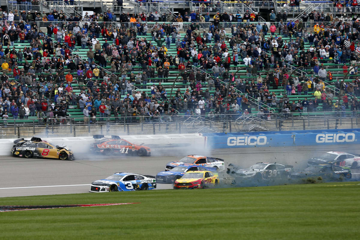 Daniel Hemric's No. 8 Caterpillar Chevrolet was caught up in a late-race incident on the frontstretch that ended his day early, while Austin Dillon was able to maneuver the No. 3 Roland Chevrolet around the wreck.